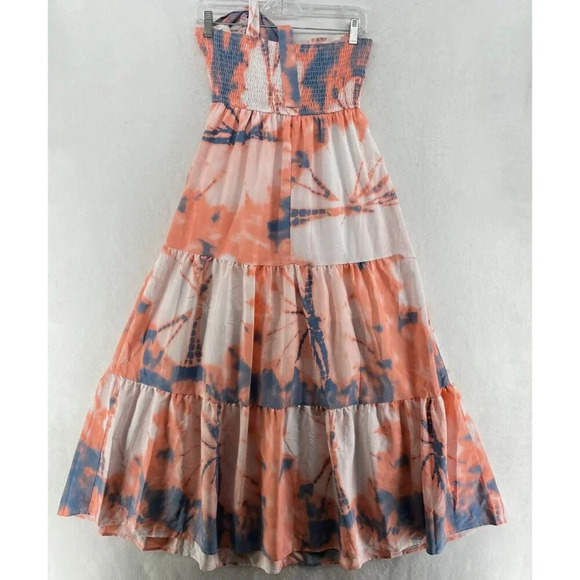 Shein Dress Women's Sz 4 Orange Tie Dye One Shoulder Layered Hem Maxi Smocked - Picture 2 of 10